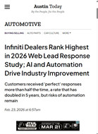 National Today Infiniti Dealers Rank Highest in 2026 Web Lead Response Study; AI and Automation Drive Industry Improvement